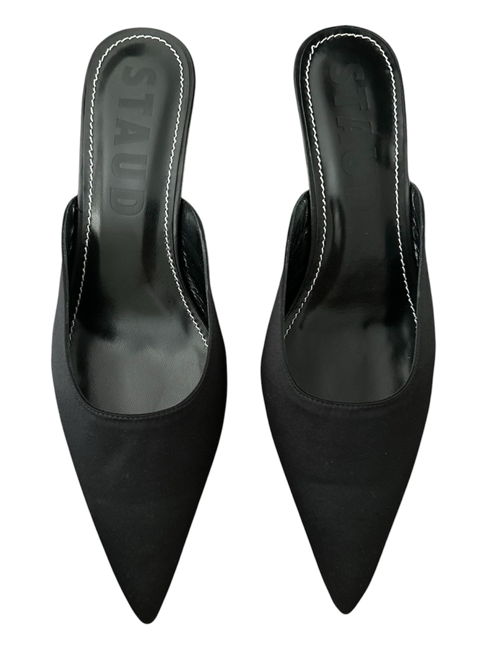 STAUD Sebastian kitten-heel mules crafted from satin with a pointed toe